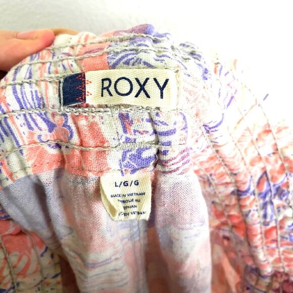 Women's Roxy Flax Linen Pink and Purple  Drawstring Relaxed Raw Hem Pants Sz LRG - Picture 14 of 14